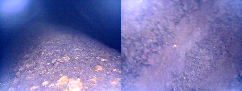 Scope view- LEFT: top of the inner hump. RIGHT: bottom of the tank.